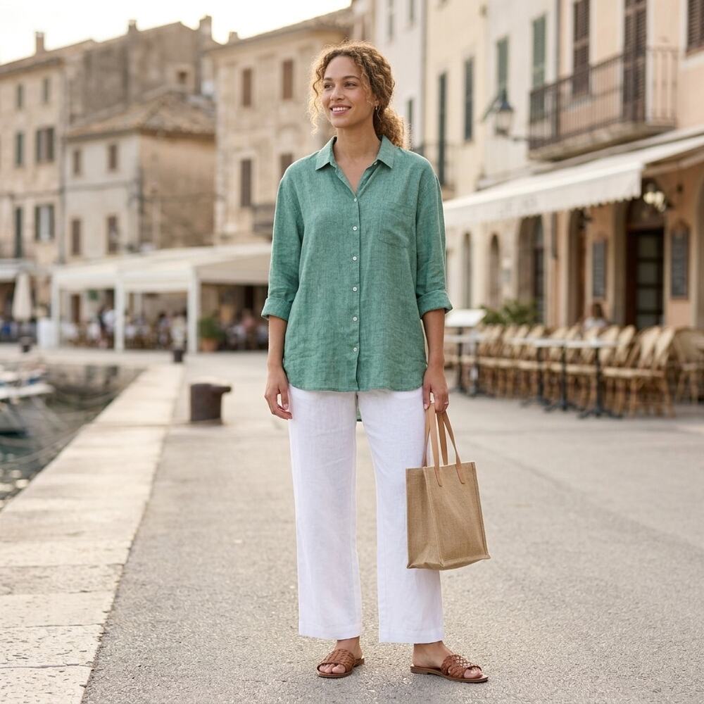 J. Jill Love Linen Shirt Womens Large Tall Green Lagenlook Coastal Minimalist